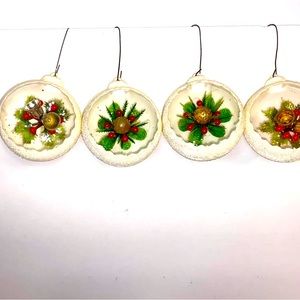 Vintage Mid Century Christmas Bulbs Ornaments Snowball  Set 4 Bells Holly ￼60s